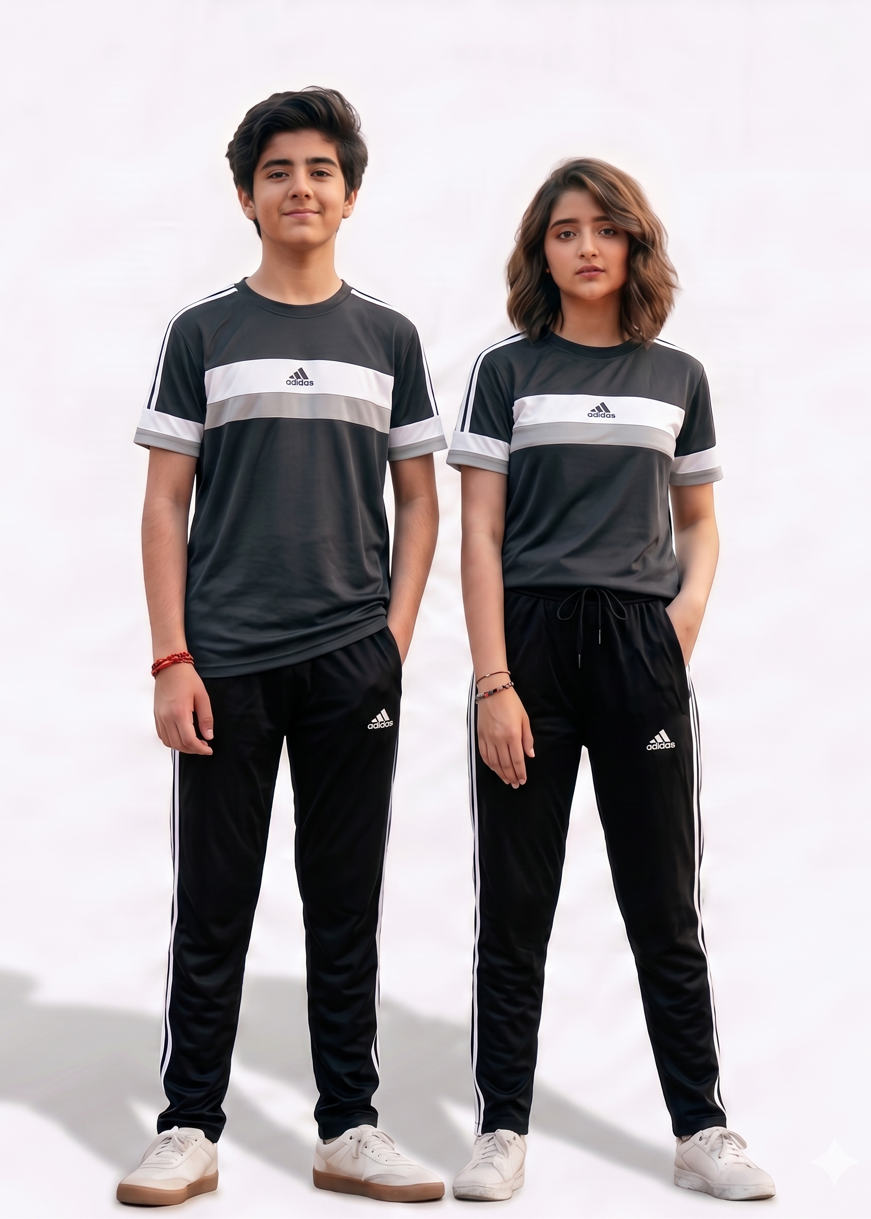 Two people wearing matching black and gray tracksuits on a white background