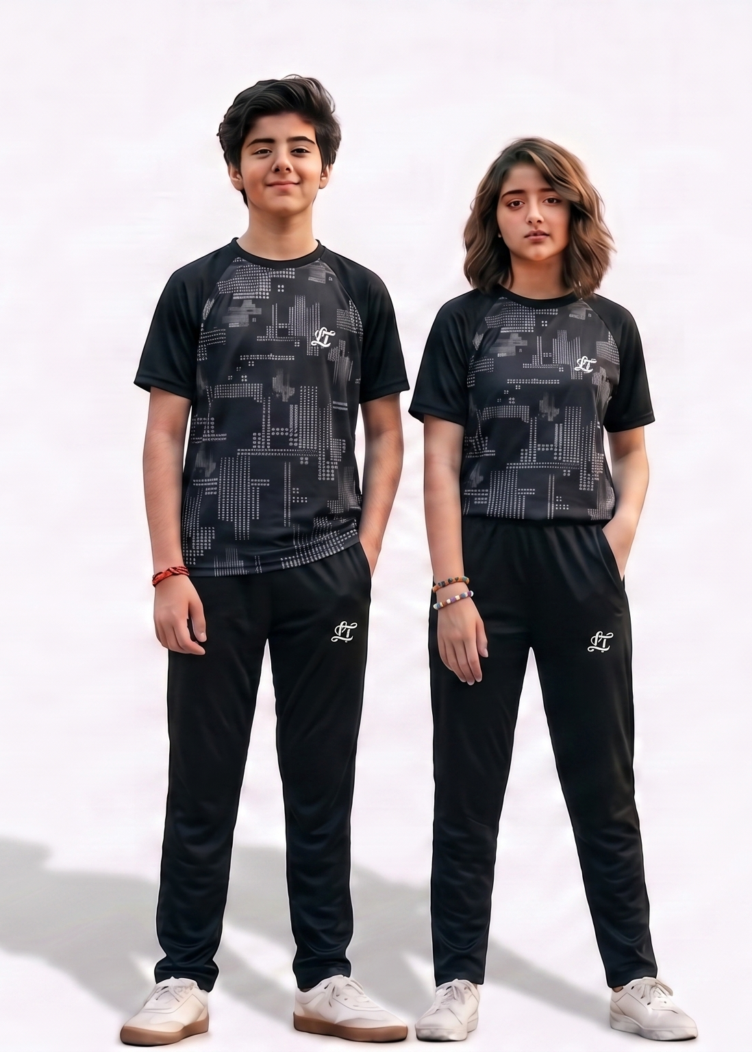 Two people wearing matching black and gray camouflage outfits on a white background