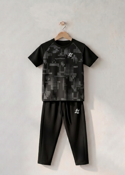 Black and gray children's outfit with geometric pattern on a white background