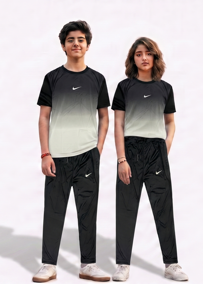 Two people wearing matching black and gray gradient t-shirts 